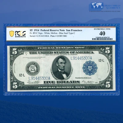 Fr.891c 1914 $5 Five Dollars Federal Reserve Note San Fran, PCGS XF 40 #45300 - Image 1 of 3
