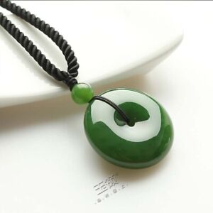 Chinese 100% Natural Hand-carved HeTian Jade Pendant Green Necklace Lucky Donuts