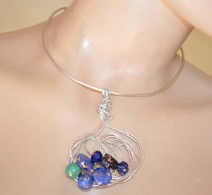 Collana donna argento girocollo ciondolo pietre blu verdi nere brillanti oro D81 - Foto 1 di 2