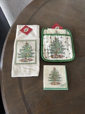 Spode Árbol de Navidad Horno Olla Soporte y Toalla con Servilletas de Cóctel Decoración de Vacaciones Foto 1 de 4