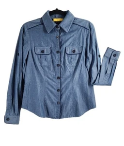 Camicia camicetta blu St. John denim Chambray 100% cotone abbottonato TAGLIA 6 - Foto 1 di 16