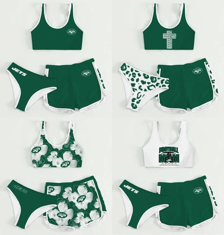 New York Jets Women's High Waisted 3PCS Sports Outfits Crop Top W/Shorts Sets Cover