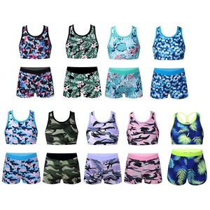 Kids Girls Swimsuit 2 Pieces Sport Crop Top with Boyshorts Set Athletic Swimwear - Picture 1 of 111