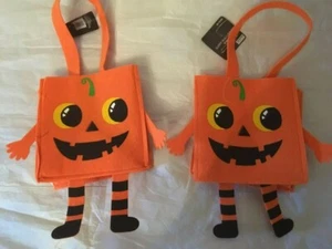 Happy Halloween (2) Orange Pumpkin Face Treat Felt Party Candy Bag. 7 X 7". - Picture 1 of 2