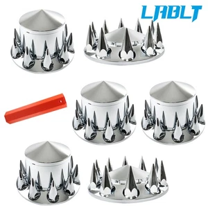 LABLT Spiked Chrome Hub Cover Kit 33mm Front & Rear Semi Truck Wheel Axle Covers - Picture 1 of 12