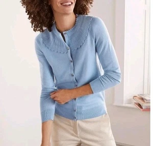 BODEN Blue Button Up Cardigan Size 18 Abercorn Scalloped Collar Long Sleeve Cute - Picture 1 of 10