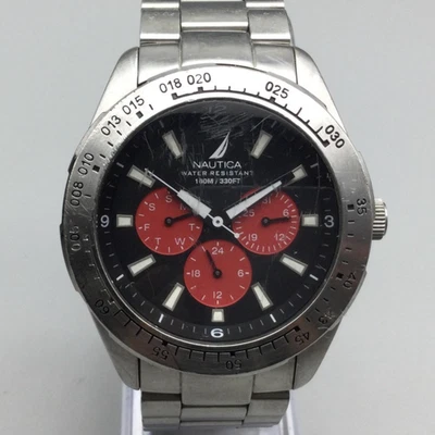 Reloj Hombre Nautica 43mm Negro Rojo Dial Acero Inoxidable N11017 Batería Nueva 7.5" Foto 1 de 4