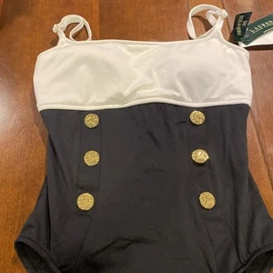 Traje de baño LAUREN RALPH LAUREN náutico blanco y negro de una pieza botones dorados talla 8 - Imagen 1 de 8