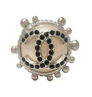 CHANEL Ring Coco Mark Logo Faux Pearl Rhinestone Sliver Tone US6.25 EU53 02C - Image 1 of 4