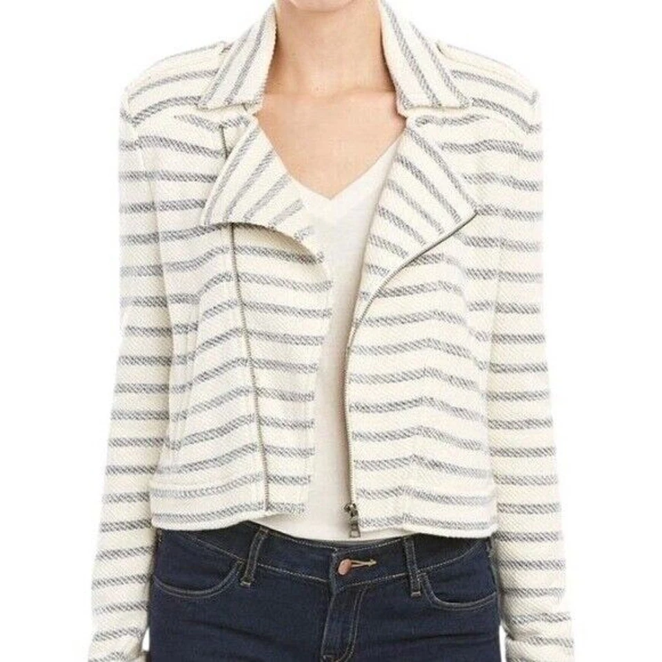 Chaqueta Moto BCBGMAXAZRIA Levi Rayas Asimétrica Cremallera Recortada DEFECTUOSA Blanca XS Foto 1 de 4