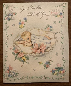 Tarjeta de felicitación recién nacido nuevo bebé años 40 almohada conejito juguetes P4c - Imagen 1 de 14