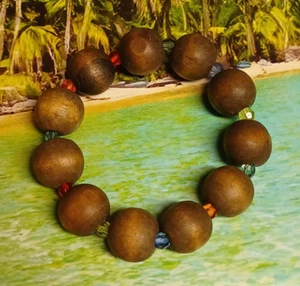 Wood Round Bead Stretch Bracelet with Multi Color Seed Bead Spacers - Picture 1 of 6