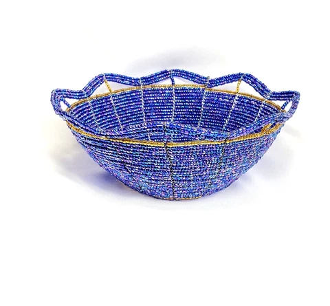 Woven Blue Seed Micro Glass Bead Basket Bowl Wire Handcrafted African VTG Cover