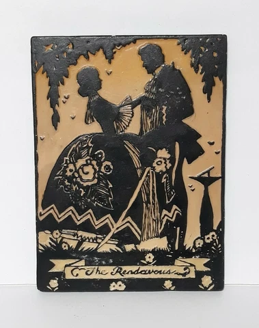 Vintage Plaster Of Paris Tile "The Rendezvous" Painted Silhouette Cover