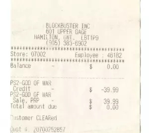 Blockbuster God of War PS2 Game Rental Receipt Hamilton Ontario 2006 - Bild 1 von 2
