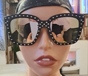 Funky Modern Vintage Chunky Sunglass Black Studded Frame Silver Mirrored Lens. - Picture 1 of 17