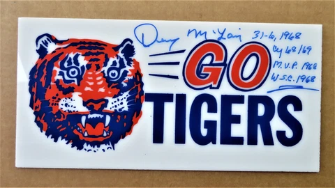 Detroit Tigers Denny McLain Signed "GO TIGERS" Plaque w/ Inscriptions - 6" x 12" Cover