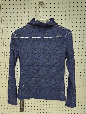 Allegra K Lady Flocking Floral Lace Shirt Turtleneck Blouse Pullover XS Blue - Image 1 of 4