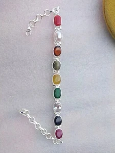 Natural 9 Birth Stones Sapphires Gemstone 925 Sterling Silver Navratna Bracelet - Picture 1 of 2