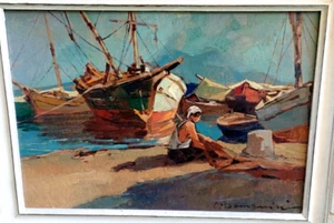 PITTORE -CARLO DOMENICI 1897-1981 ' MARINA A LIVORNO CON FIGURA' - Foto 1 di 13