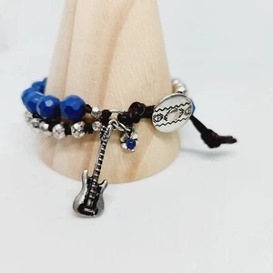 Lucky Brand Leather Multi Strand Bracelet Silver Tone & Blue Beads Guitar Charm - Picture 1 of 5