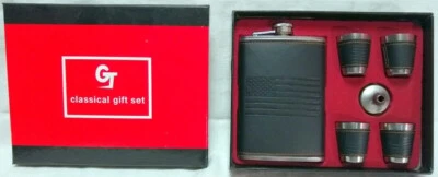BLACK LEATHER COVERED 9oz Flask, 4 Shot Cups & Funnel  U.S.A. FLAG GRAPHIC - Image 1 of 2