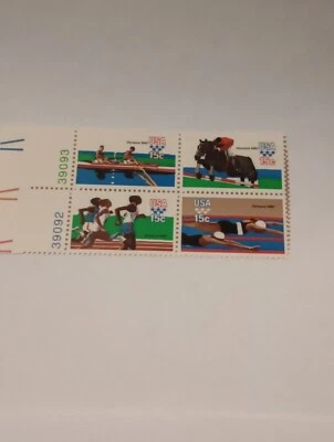 MINT NH OG 15 CENT SUMMER OLYMPICS PLATE STAMP BLOCK CV 3.75 FV 0.60 - Image 1 of 2