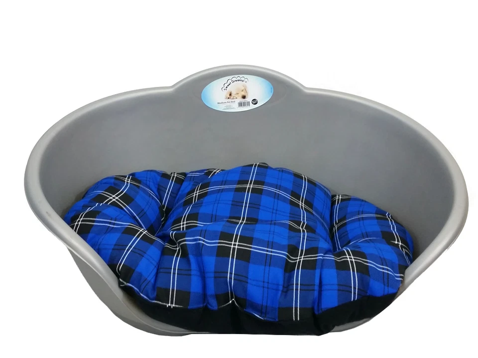 EXTRA LARGE PLASTIC SILVER GREY PET BED WITH BLUE TARTAN CUSHION DOG CAT BASKET - Image 1 of 1