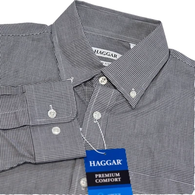 Camisa de vestir ajustada Haggar para hombre 15-15,5 32/33 negra blanca botón micro cuadros Foto 1 de 4
