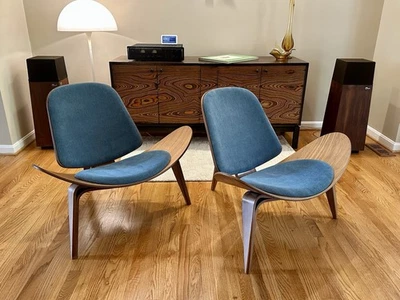 Hans Wegner CH07 Shell Chairs Pair Walnut Blue Carl Hansen MCM - Image 1 of 4