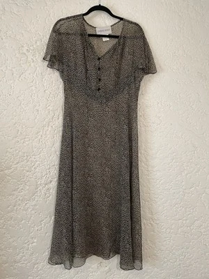 Vestido Vintage Jeannene Booher 100% Seda Estampado Transparente Talla 14, Romántico Midi Foto 1 de 4