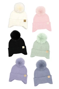C.C Exclusive Girls Boys Kids Soft Knit Ear Flap Knit Beanie Hat with Fur Pom - Picture 1 of 11