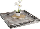 MyGift 19 Inch Square Rustic Torched Wood Ottoman Tray with Metal Side Wraps