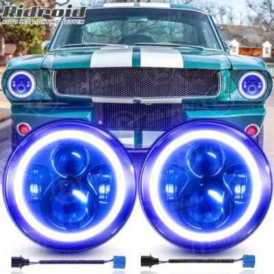 For Ford Mustang 1965-1973 7" Inch Round LED Headlights Blue Halo DRL Angel Eyes Foto 1 de 4