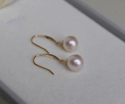 Hot Sales  Round 7-8MM AAA+ Real WHITE AKOYA PEARL HOOK EARRINGS 14K GOLD WOMAN - Image 1 of 4