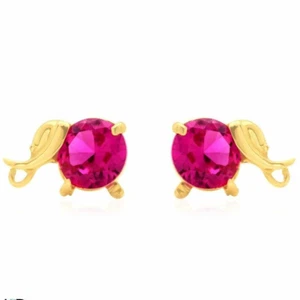 14K Yellow Gold Round-Cut Simulated Ruby Elephant Baby Screwback Stud Earrings - Picture 1 of 3