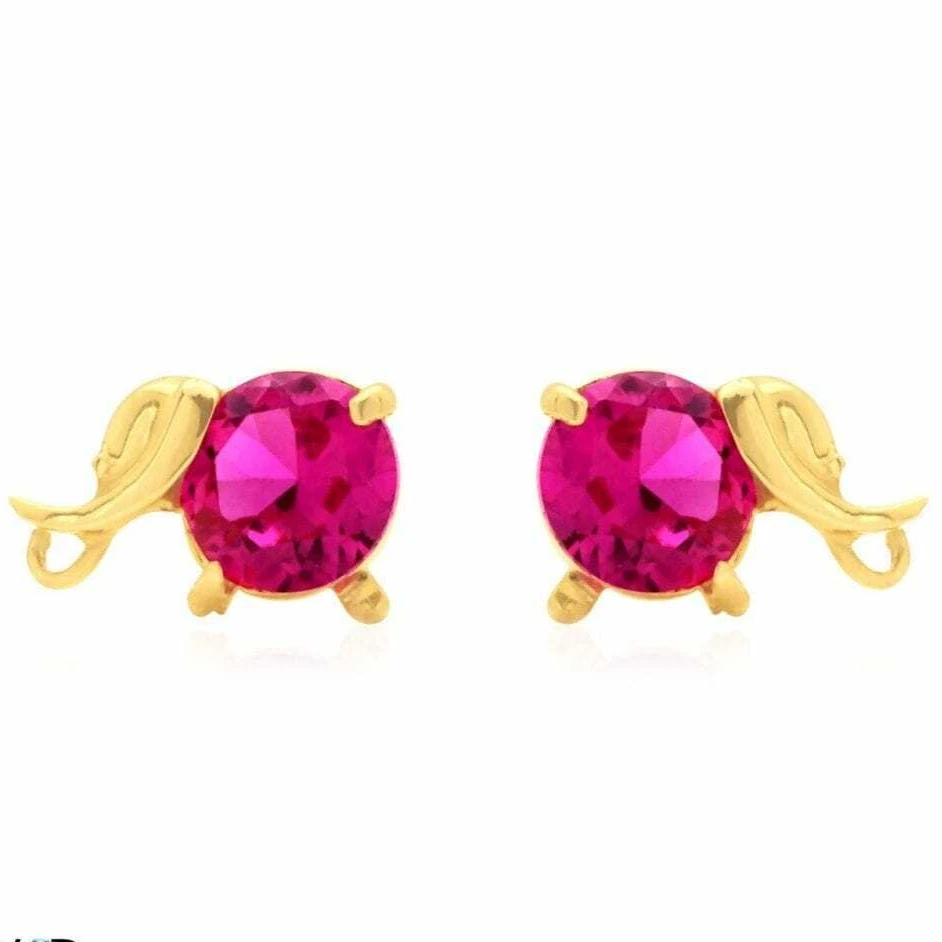 14K Yellow Gold Round Ruby Elephant Baby Screwback Stud Earrings - Image 1 of 3