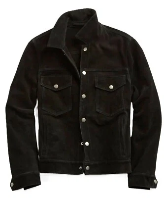 Black Suede Leather Trucker Jacket for Men Denim Jean Style Biker Jacket Unlined - Image 1 of 4