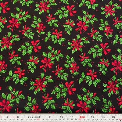 Vintage Cranston Christmas Holly Bouquets Black Cotton Fabric by the HALF YARD - Image 1 of 2