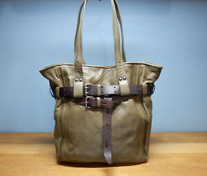 REVEL Delancey Belted sage green & brown leather shoulder bag / bucket handbag 