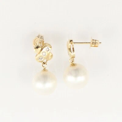 14K Yellow Gold X-Design Diamond White Pearl Dangle Earrings - Image 1 of 4