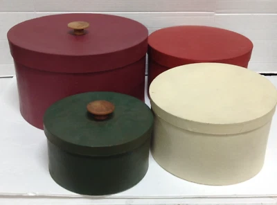 4 Rustic Round Nesting Boxes with Lid crafts storage red cream green organize - Image 1 of 4