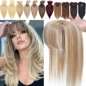 100% Remy Human Hair Topper Women Hairpiece Clip In Top MONO Toupee With Bangs - Picture 1 of 65