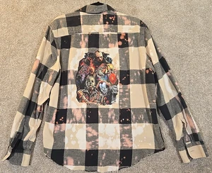 OOAK Upcycle Distressed Flannel Shacket Horror Movie Mix Chucky It Boyfriend L - Bild 1 von 12