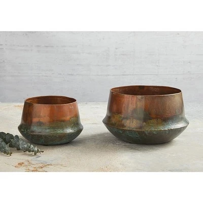 Set of 2 Rustic Copper Planter/Pots with Turquoise Blue Patina - 9" and 6" Width Foto 1 de 4