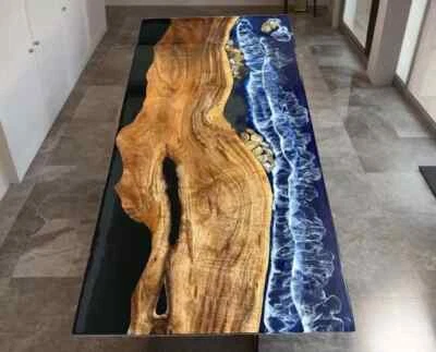 Made To Order Ocean Epoxy Resin Dining Table Top Wooden Live Edge Hallway Decor - Image 1 of 3
