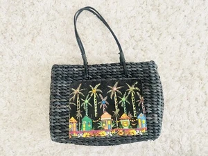 Laurel Burch Sun 'N' Sand Straw Palm Tree Island Beaded Black Purse Handbag - Picture 1 of 8