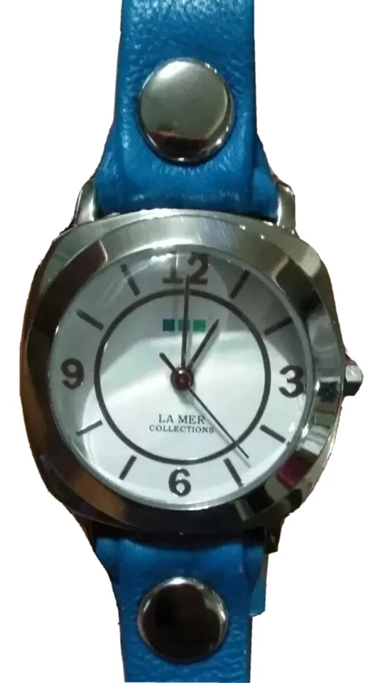 La Mer Collection Watch Double Leather Blue Bracelet Band Silver Case White Face - Image 1 of 4