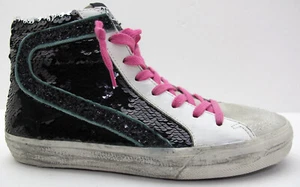 NEW GOLDEN GOOSE 37/7US Slide Sneakers Black Sequins w/Glitter Flash Green Trim - Picture 1 of 18