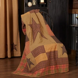 Stratton Quilted Throw 60x50 Country Primitive Star Patchwork Plaid Khaki VHC - Picture 1 of 5